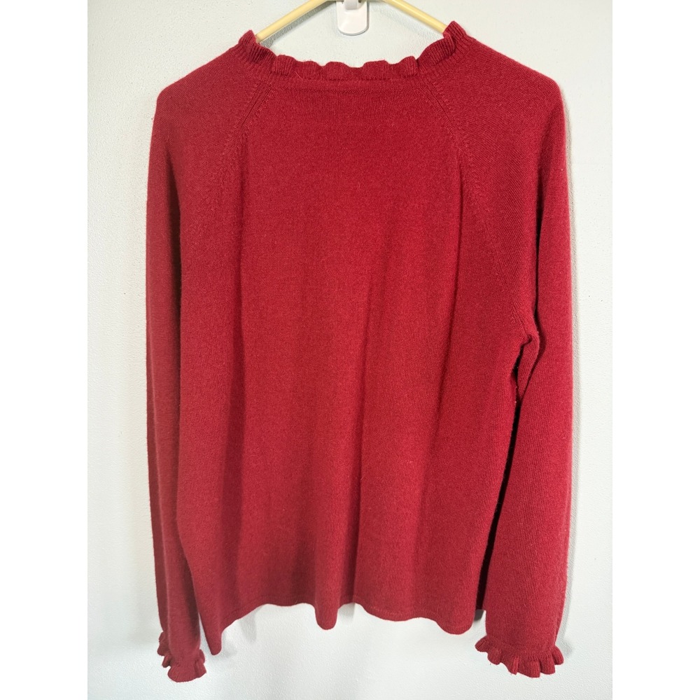 Garnet Hill Women 100% Cashmere Sweater XL Red Ruffle Trim Soft Warm Fall Winter